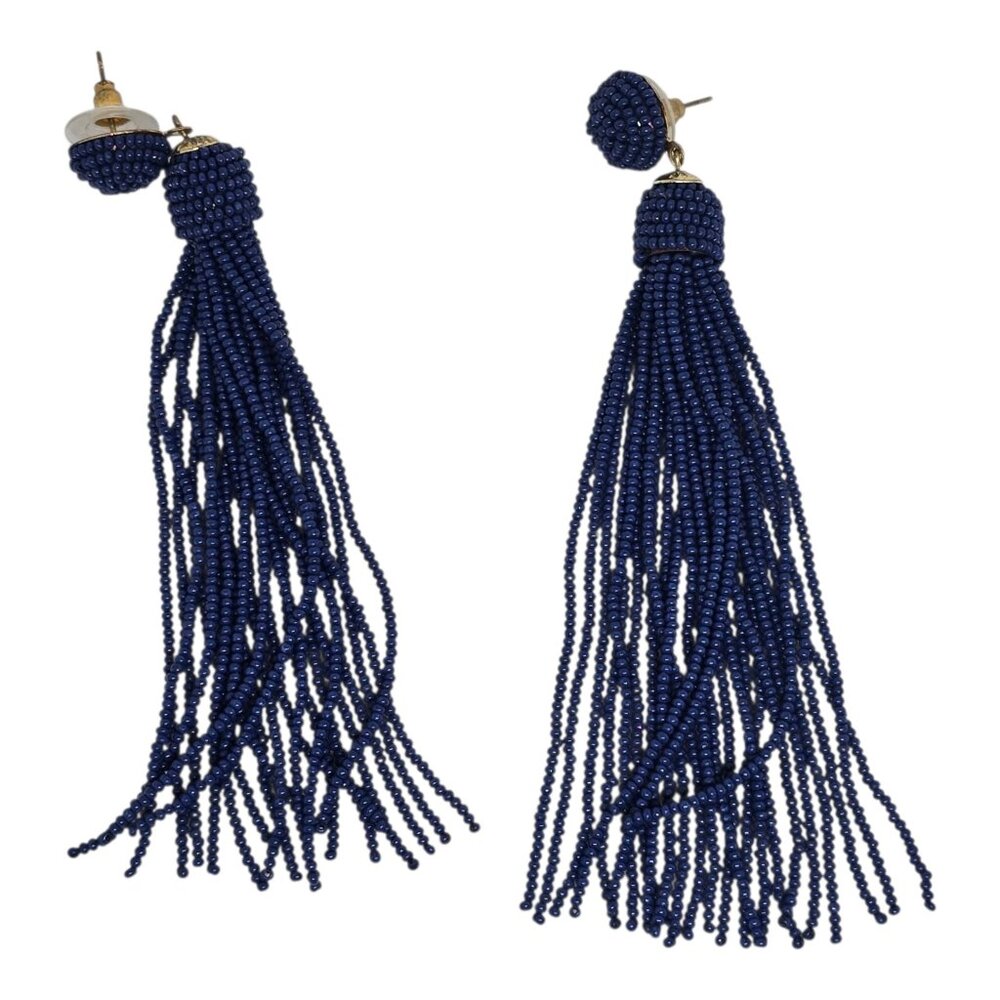 Beaded Tassel Drop Earrings With‎ Navy Blue Beads And Gold-Tone Posts